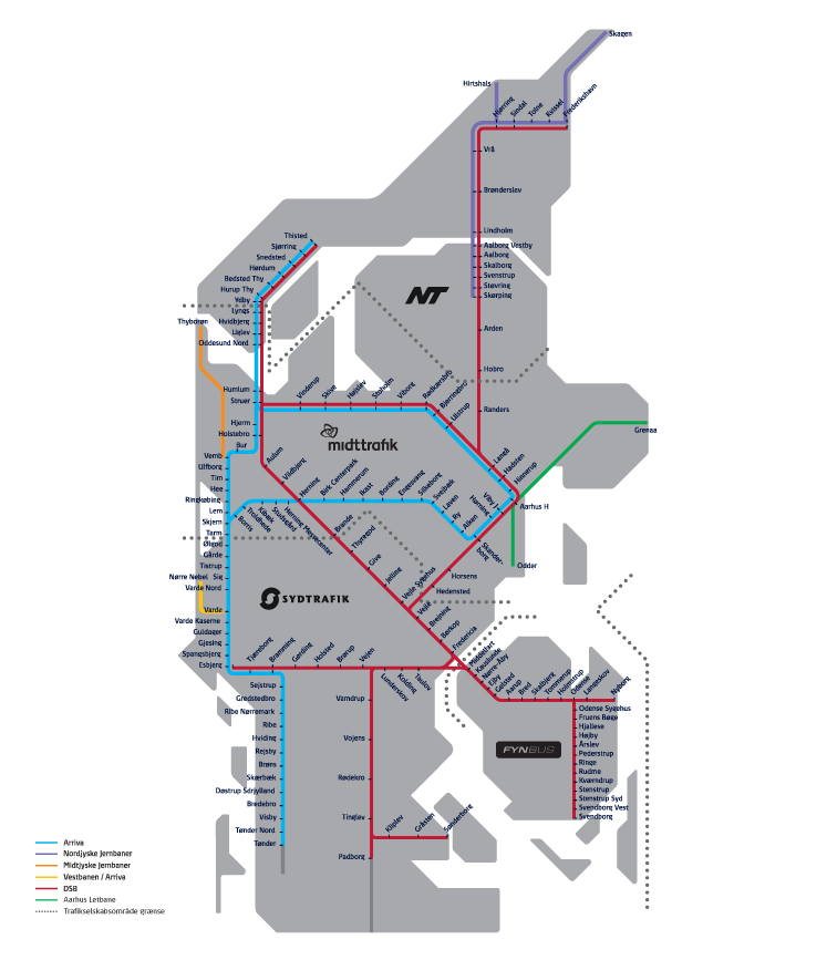 kort over trafikselskabområder i Jylland og på Fyn
